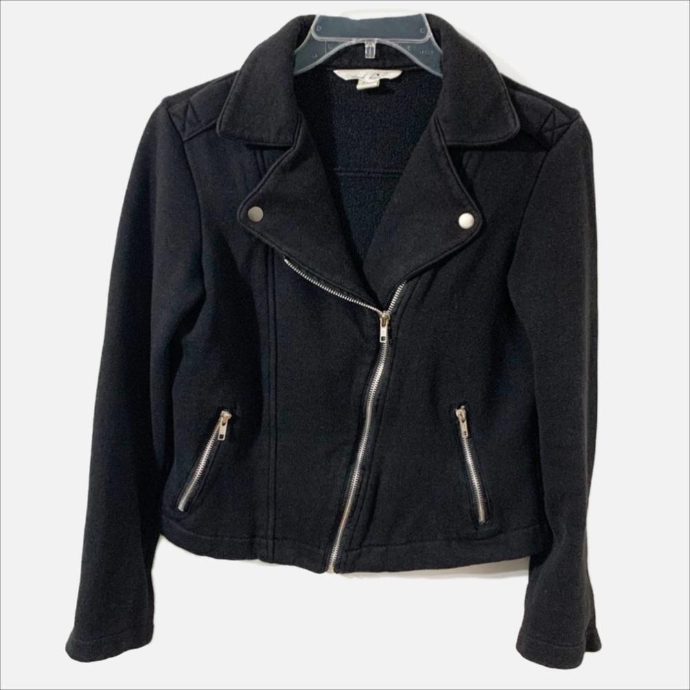Derek Heart Asymmetrical Zipped Cropped Jersey Knit Moto Style Jacket Black⚫️ ⚪️